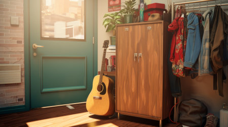 A guitar leaning on a wooden cabinet next to a green doorの素材
