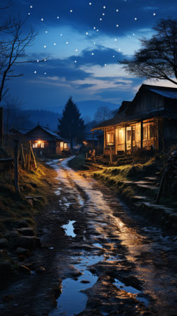 Illuminated Rural Village Path at Nightの素材