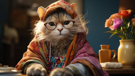 A cat wearing a headscarf and glasses is sitting at a table.の素材
