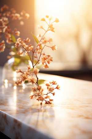 A delicate flower arrangement sits on a marble table bathed in soft sunlight.の素材