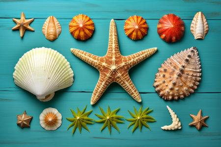 A variety of seashells and starfish are arranged on a blue wooden background.の素材