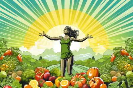 A woman standing in a field of vegetables with her arms outstretchedの素材
