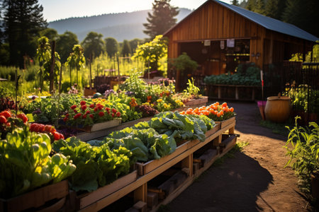 Vibrant colors of a bountiful vegetable garden with flowers in wooden boxes in the foreground and a barn in the backgroundの素材