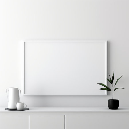 White frame mockup with a plant and a cup on a shelfの素材