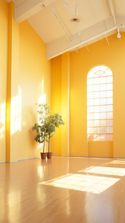 Bright yellow room with two potted plantsの素材