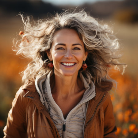 Portrait of a smiling blonde woman in a brown jacket standing in a field of orange flowersの素材