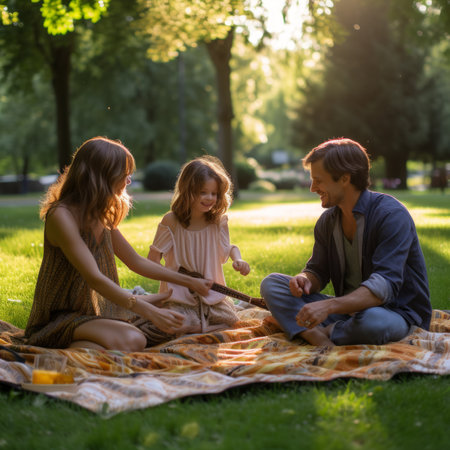 Happy family playing ukulele in the parkの素材