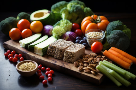 A variety of vegetables and fruits are arranged on a wooden table.の素材