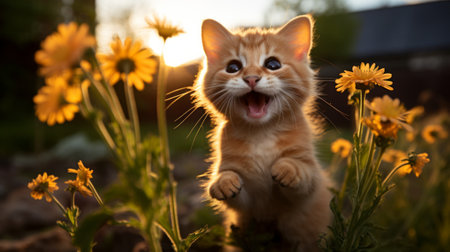An orange kitten is standing in a field of yellow flowersの素材