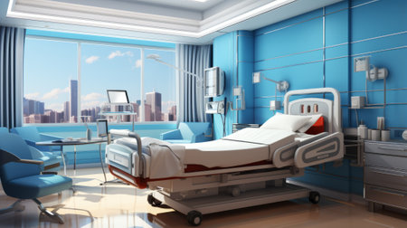 Patient room interior with cityscape viewの素材