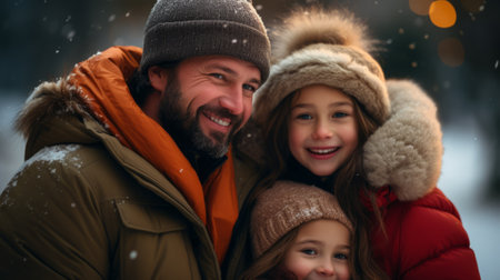 Father and daughters wearing winter clothes and smilingの素材