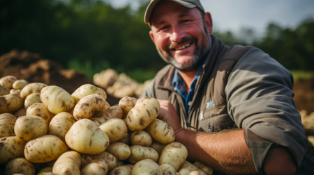 A smiling farmer proudly poses with his bountiful harvest of potatoes.の素材