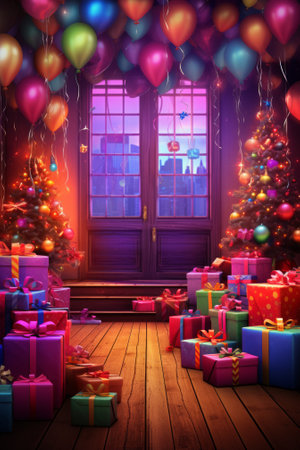 Christmas living room with decorated Christmas tree and giftsの素材