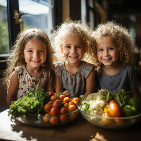Three happy little girls sitting at a table with bowls of vegetablesの素材