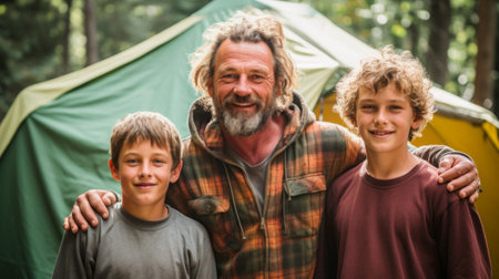 Happy family camping together in the woodsの素材