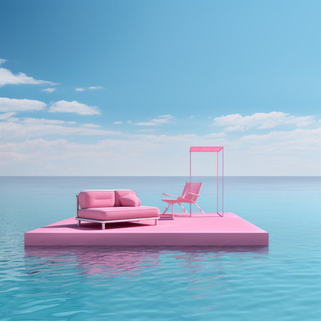 Pink surreal floating platform with pink furniture and pink umbrella on a pink ocean with a blue sky and white cloudsの素材
