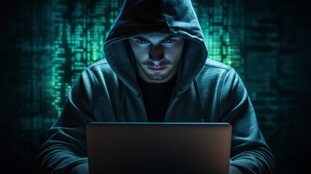 A hacker in a dark room wearing a black hoodie with his laptop.の素材