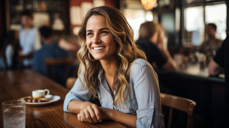 Portrait of a smiling woman sitting at a cafe tableの素材