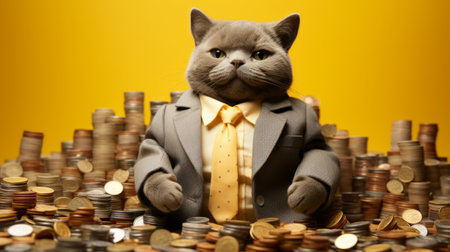 Rich cat sitting on a pile of coinsの素材