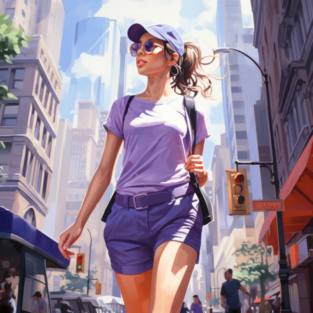 A young woman walking down a city streetの素材
