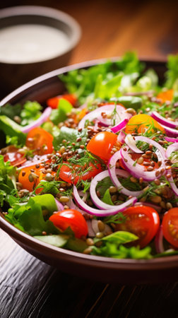 Lentil salad with cherry tomatoes, red onion and dillの素材