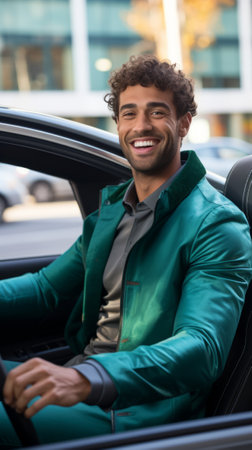 Handsome man with curly hair smiling and driving a carの素材