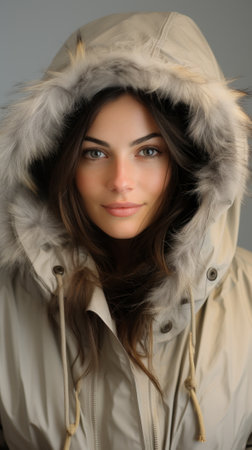 Beautiful woman in a fur-lined hoodの素材
