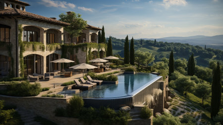 A stunning view of a luxury villa with pool overlooking the rolling hills of Tuscanyの素材