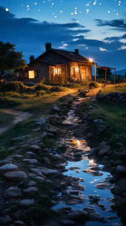 Small stone house in a valley at duskの素材