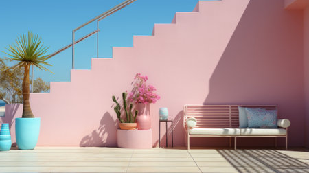 pink stairs and pink wall with plants and a benchの素材