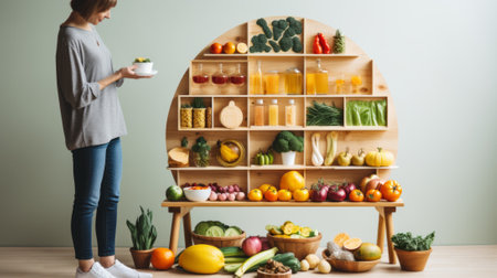 Woman in front of a wooden shelf full of healthy foodの素材