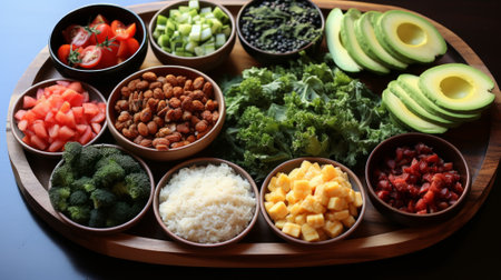 Ingredients for a healthy salad with avocado, tomatoes, broccoli, kale, bacon, rice, nuts and cheeseの素材