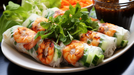 Fresh and Delicious Vietnamese Summer Rolls with Shrimp and Vegetablesの素材