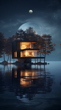 futuristic house on lake at night with moonの素材