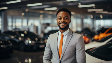 Portrait of a smiling African American car salesman in a suit standing in a car dealershipの素材