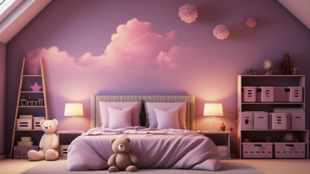 A cozy pink bedroom with a cloud muralの素材