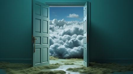 Surreal open door to another realm with clouds and bright sky insideの素材