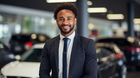 Portrait of a smiling African-American car salesman standing in a car dealership showroomの素材