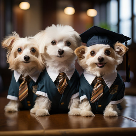 Three dogs in graduation caps and tiesの素材