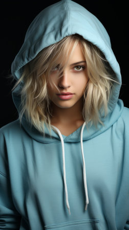 Portrait of a serious blonde woman in a blue hoodie looking at the cameraの素材