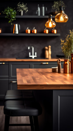 kitchen island with wood top and black cabinetsの素材
