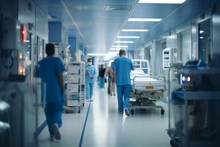 Hospital staff walking down the hallwayの素材