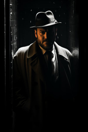 Man in a trench coat and hat standing in a dark alleywayの素材