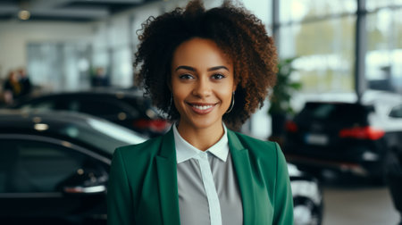 Confident young African American businesswoman in green suit jacket standing in car dealership showroomの素材