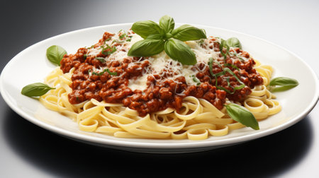 A plate of pasta with tomato sauce and basilの素材