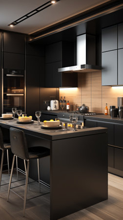 Black kitchen island with wood accent wall and stainless steel appliancesの素材