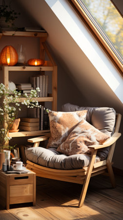A cozy reading nook with a comfortable chair, bookshelves, and a skylightの素材