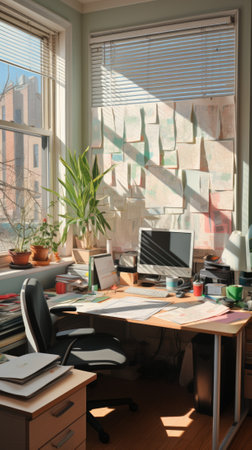 Home office with lots of paper on the wallの素材