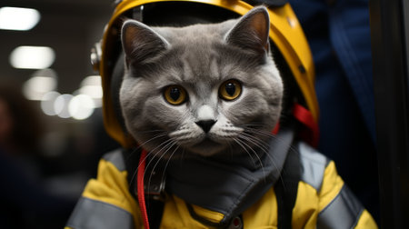 A cat wearing a firefighter's helmet and jacketの素材