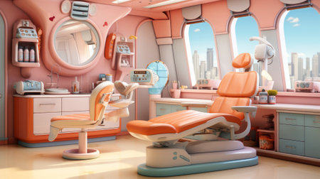 A dentist's office with a large window looking out onto a cityscapeの素材